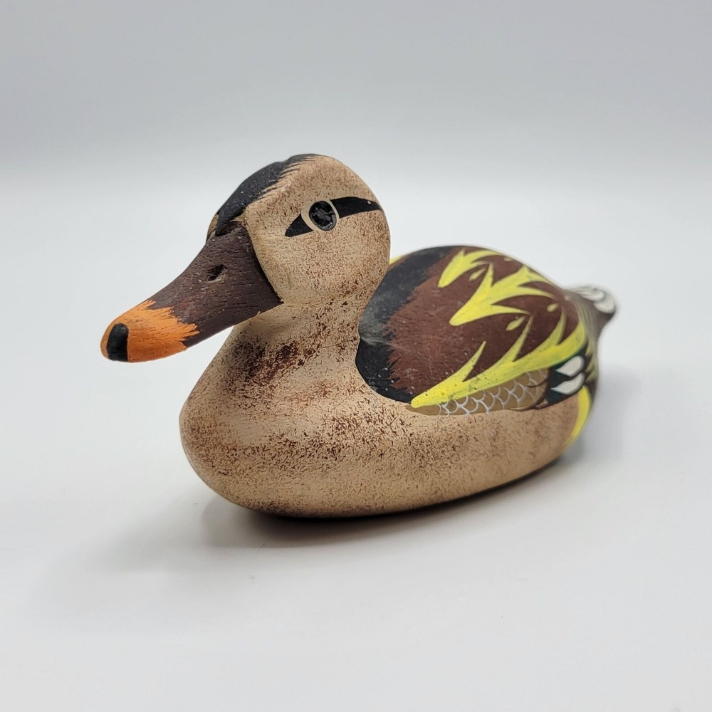 Vintage MCM Mallard Duck Carved Wood Hand Painted Handcrafted Figurine